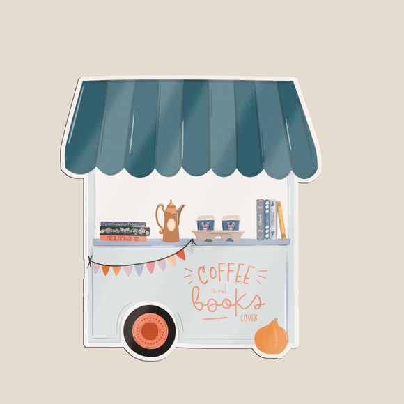 Coffee & Books Lover sticker – a charming design featuring an illustrated coffee truck filled with books, takeaway cups, and a whimsical fall touch.