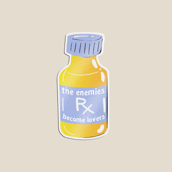 bookish sticker featuring a bright yellow “prescription bottle” design with a whimsical label that reads “the enemies Rx become lovers”