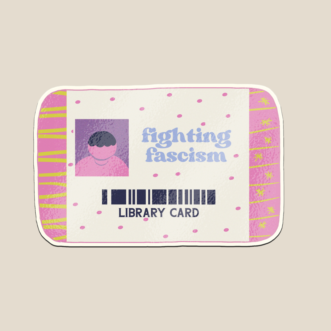 Library card with 'fighting fascism' text and a barcode on a beige background