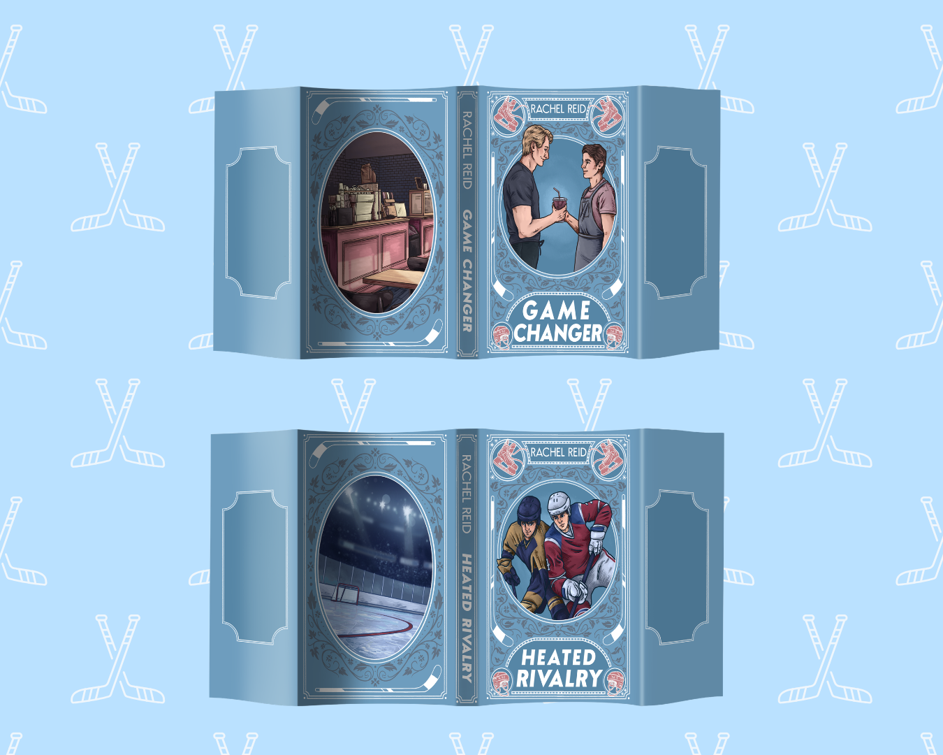 Two illustrated book-style covers or boxes shown on a light blue patterned background. The top one is titled 'GAME CHANGER' with a circular window showing a kitchen scene and a couple; the bottom one is titled 'HEATED RIVALRY' with hockey players and a circular window showing an ice rink.