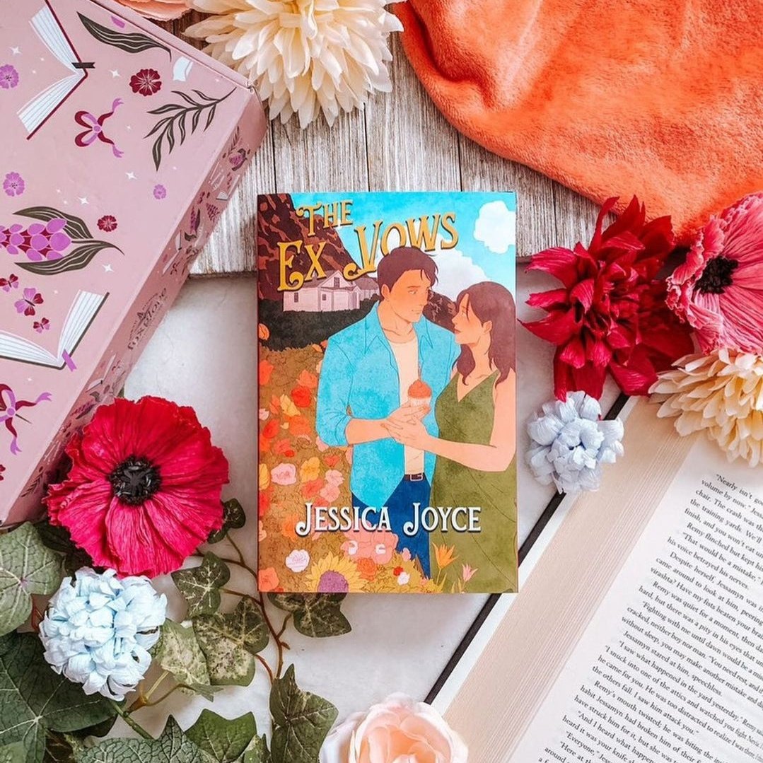 A book cover of 'The Ex Vows' by Jessica Joyce, featuring an illustration of a couple embracing closely together, with a vibrant background of flowers and a soft orange fabric.