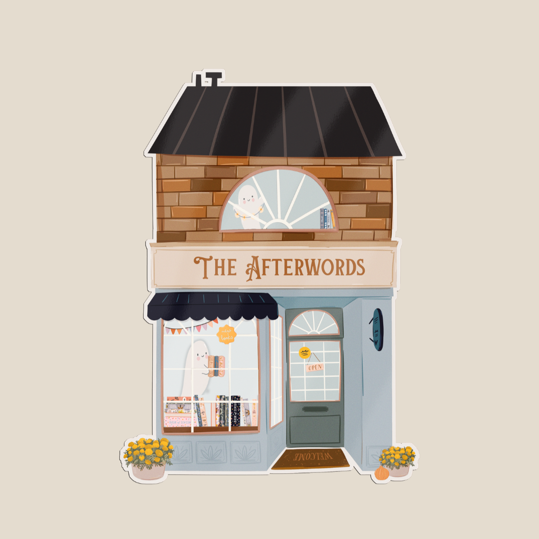 Decorated with charming details like stacked books, window displays, flower pots, and a smiling ghost holding a book, this sticker captures the heart of book lovers and spooky season fans alike.