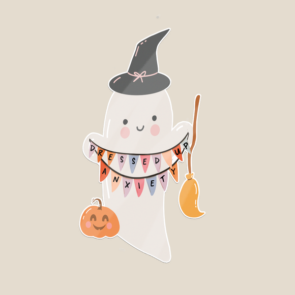 Cartoon ghost character with a witch hat sticker, broom, and pumpkin on a beige background, featuring the brand 'fox & wit'.