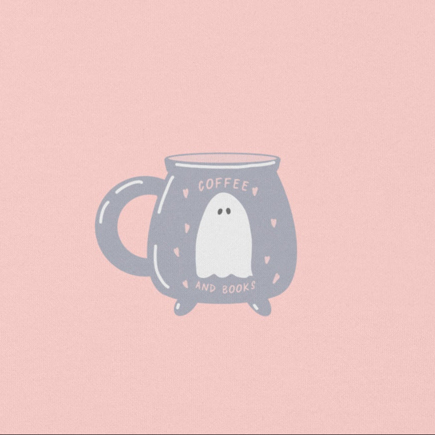 Illustration of a ghost inside a coffee mug with 'Coffee and Books' text on a pink background