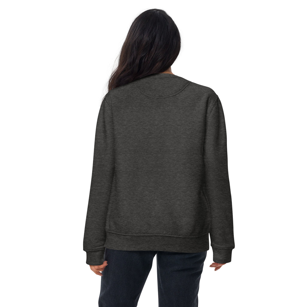 Person wearing a dark gray sweatshirt on a white background