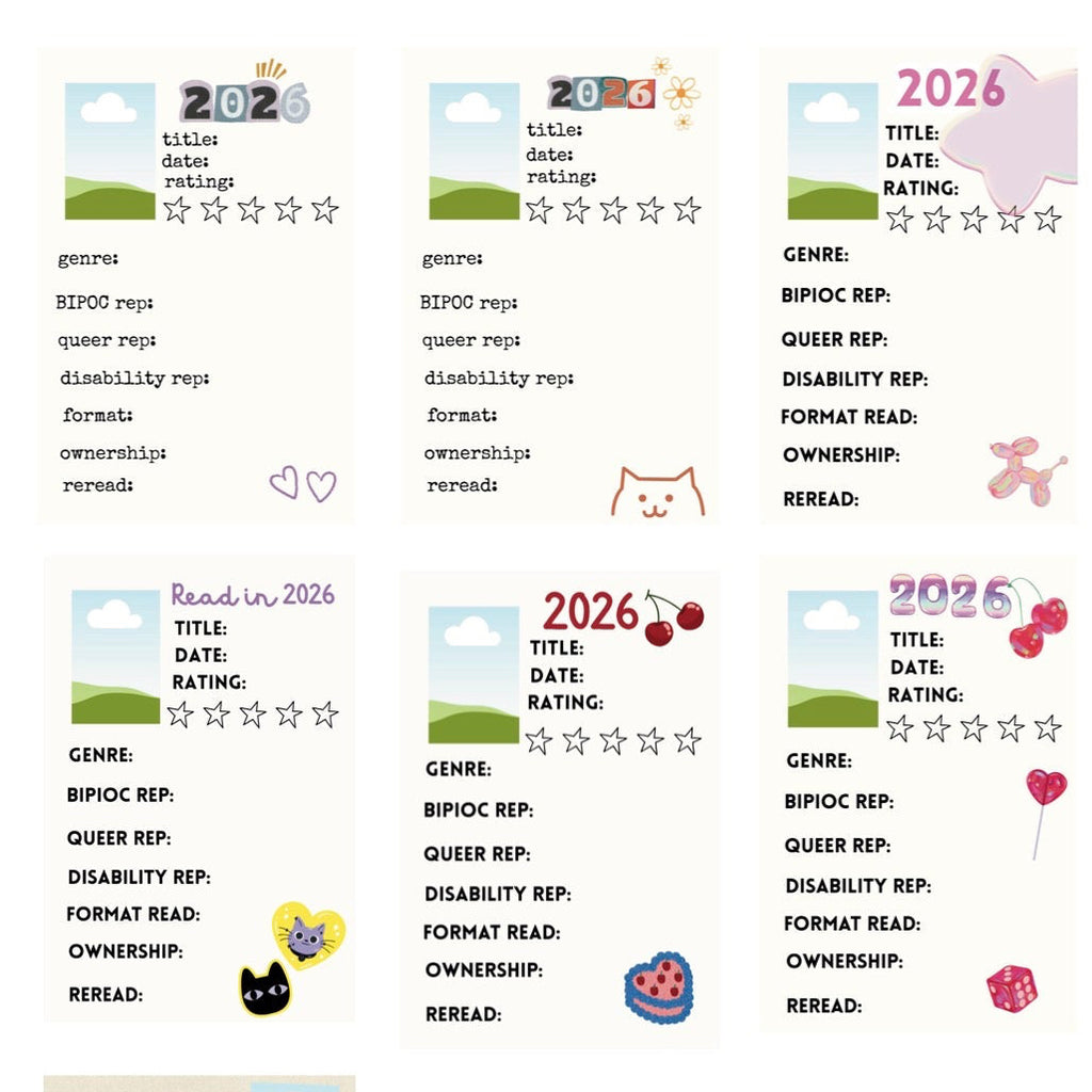 7 reading journal cards with designs for 2026.