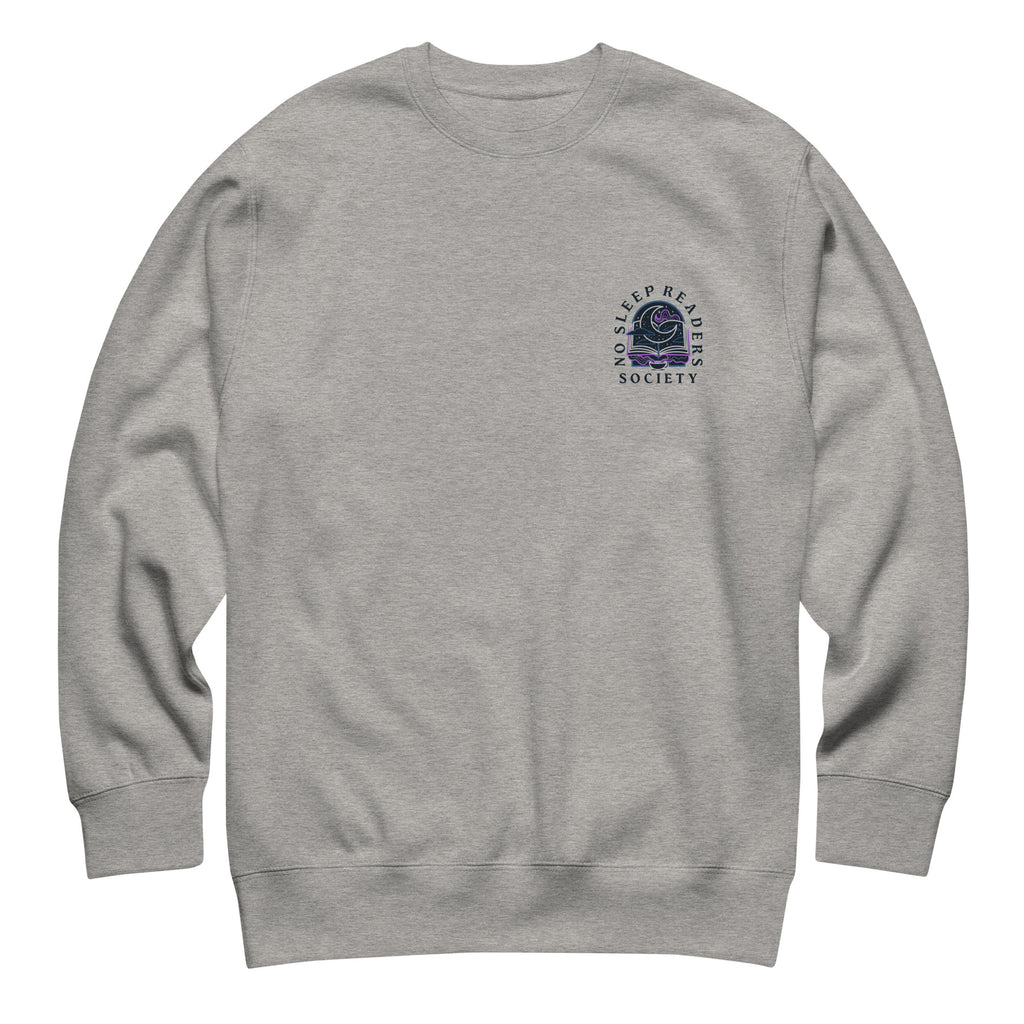 grey sweatshirt on white background. Sweatshirt reads "no sleep reader society" with a moon and tea cup design in the center.