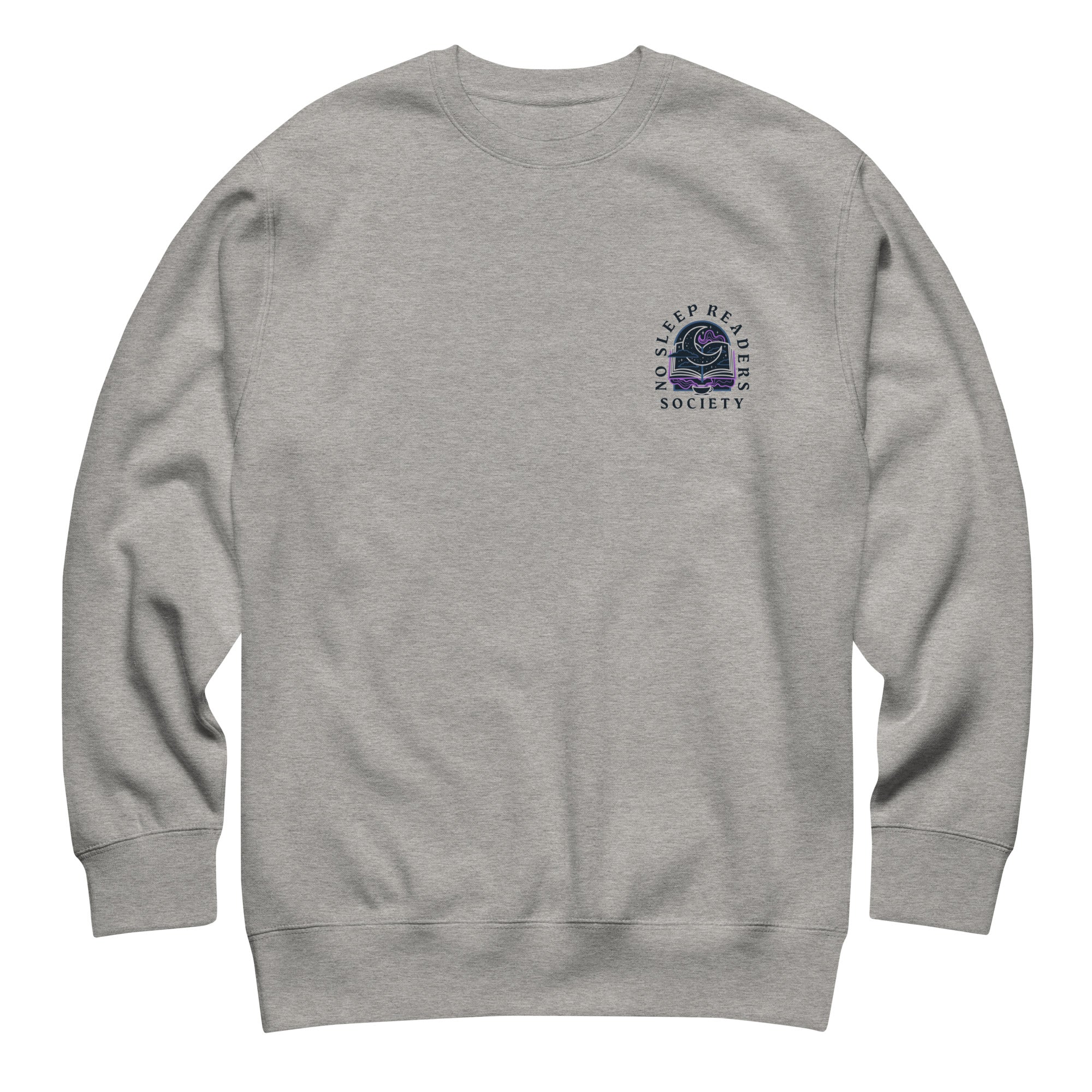 grey sweatshirt on white background. Sweatshirt reads "no sleep reader society" with a moon and tea cup design in the center.